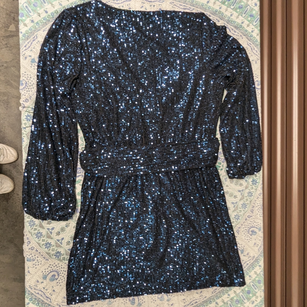 Old Hollywood Glam Blue Sequin Cocktail Party Long Sleeve Blouson Mini Dress - Picture 6 of 12